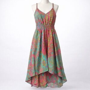 100% Silk Pink Teal High Low Smocked Sleeveless Dress XS Boho Y2K Fairy Indie